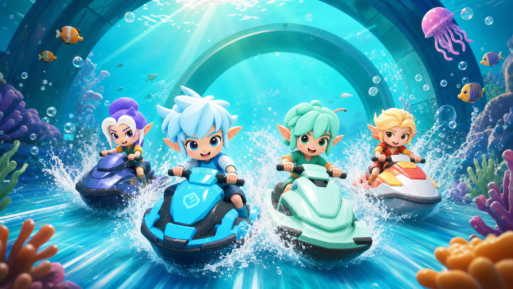 A Wave Drift elf rider racing a jet ski through bright ocean waves